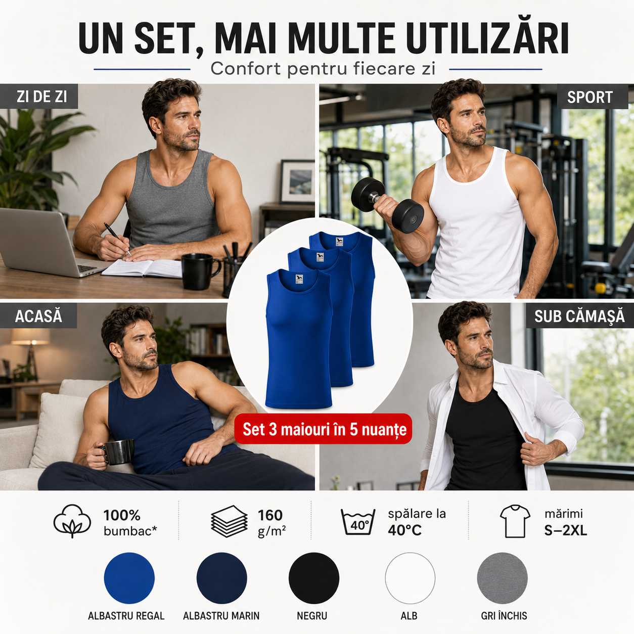 Set 3 maiouri bărbat pentru zi de zi, sport, acasă, sală și purtare sub cămașă
